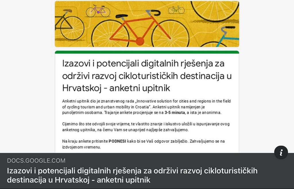 Izazovi i potencijali digitalnih rješenja za održivi razvoj cikloturističkih destinacija u Hrvatskoj - anketni upitnik 1 upitnik